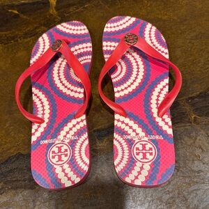Vintage Tory Burch Red, Purple & White Patterned Logo Flip Flops